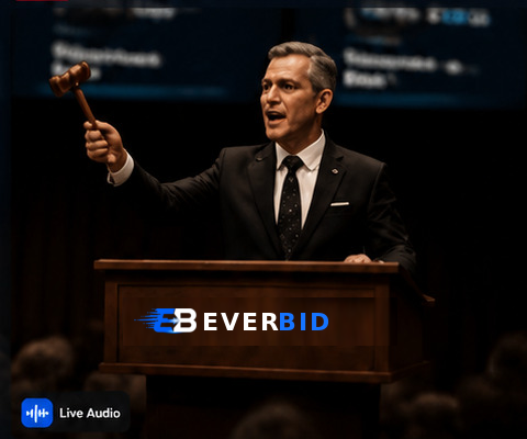 Auctioneer holding a gavel behind an EverBid podium